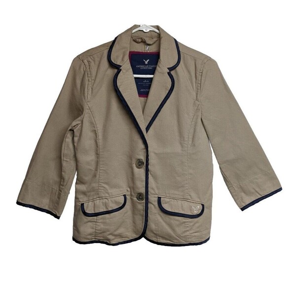 AEO American Eagle Blazer Medium Beige 3/4 Sleeve Button Front Casual Crop M - Picture 1 of 9